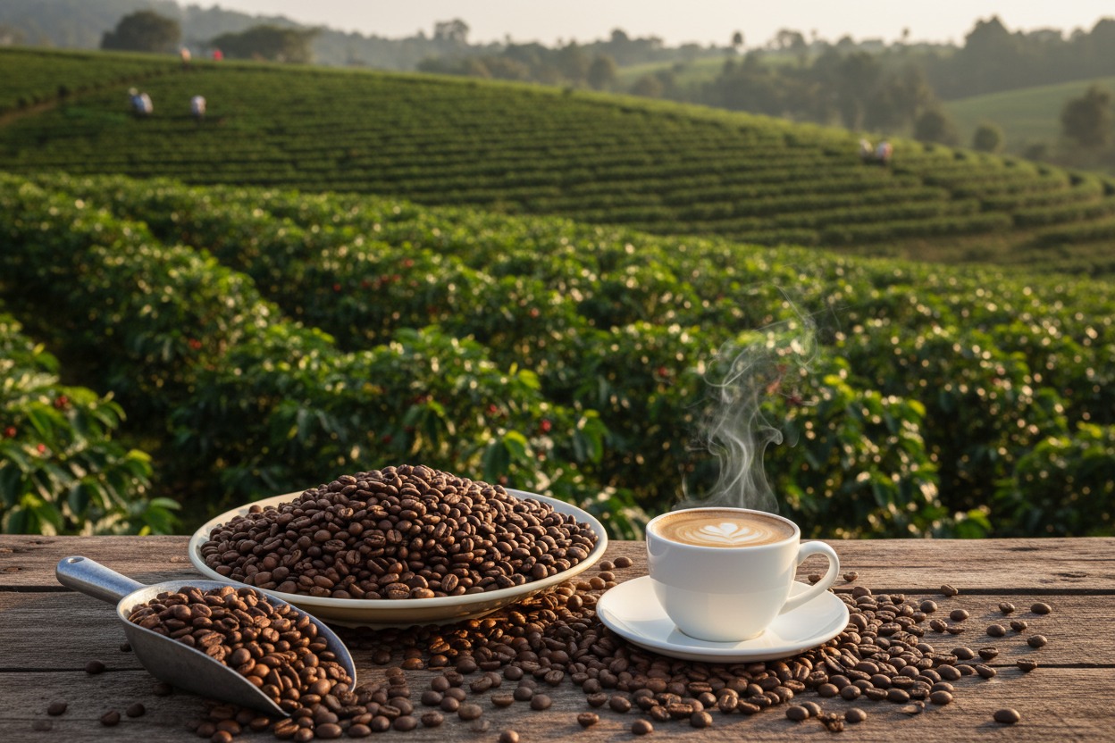 Uma xícara de café quente e uma porção de grãos de café sobre uma mesa de madeira com uma plantação ao fundo.